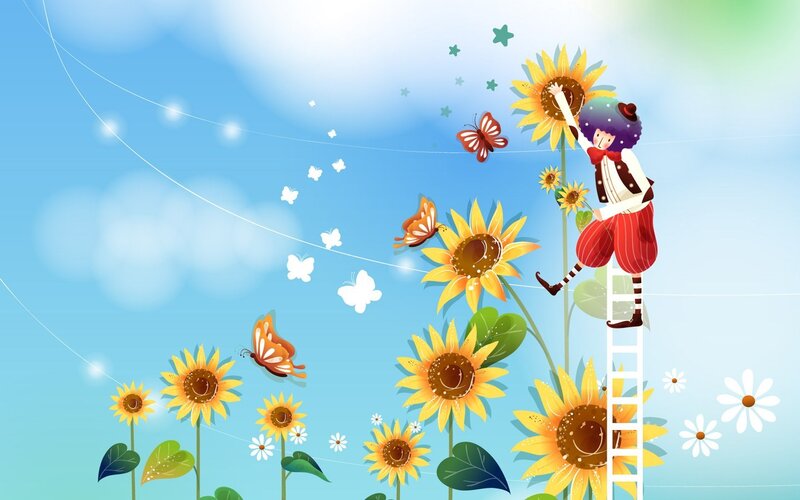 clown on ladder with sunflowers