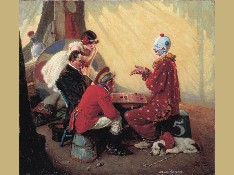 Clown playing checkers with audience