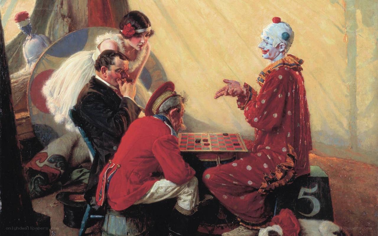 Clown playing checkers with men