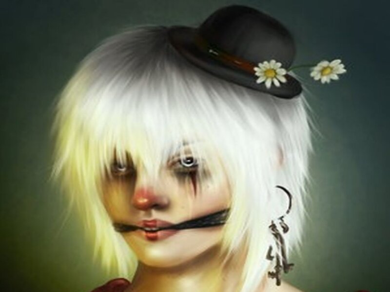 clown with white hair and flowers