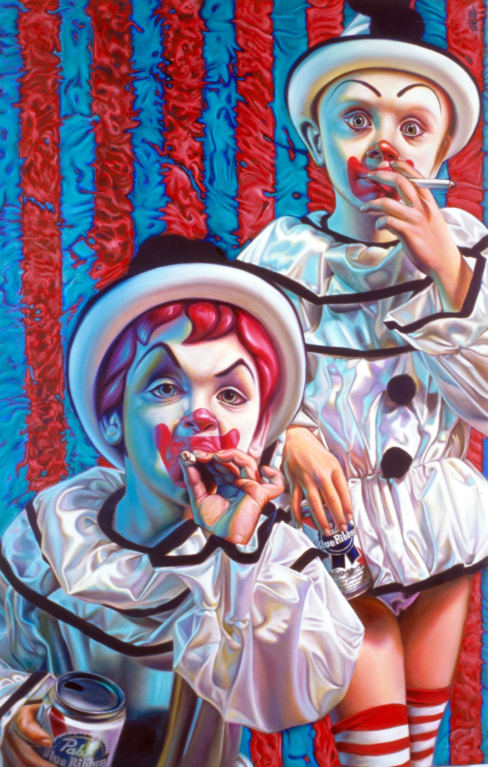 Clowns smoking with beer cans