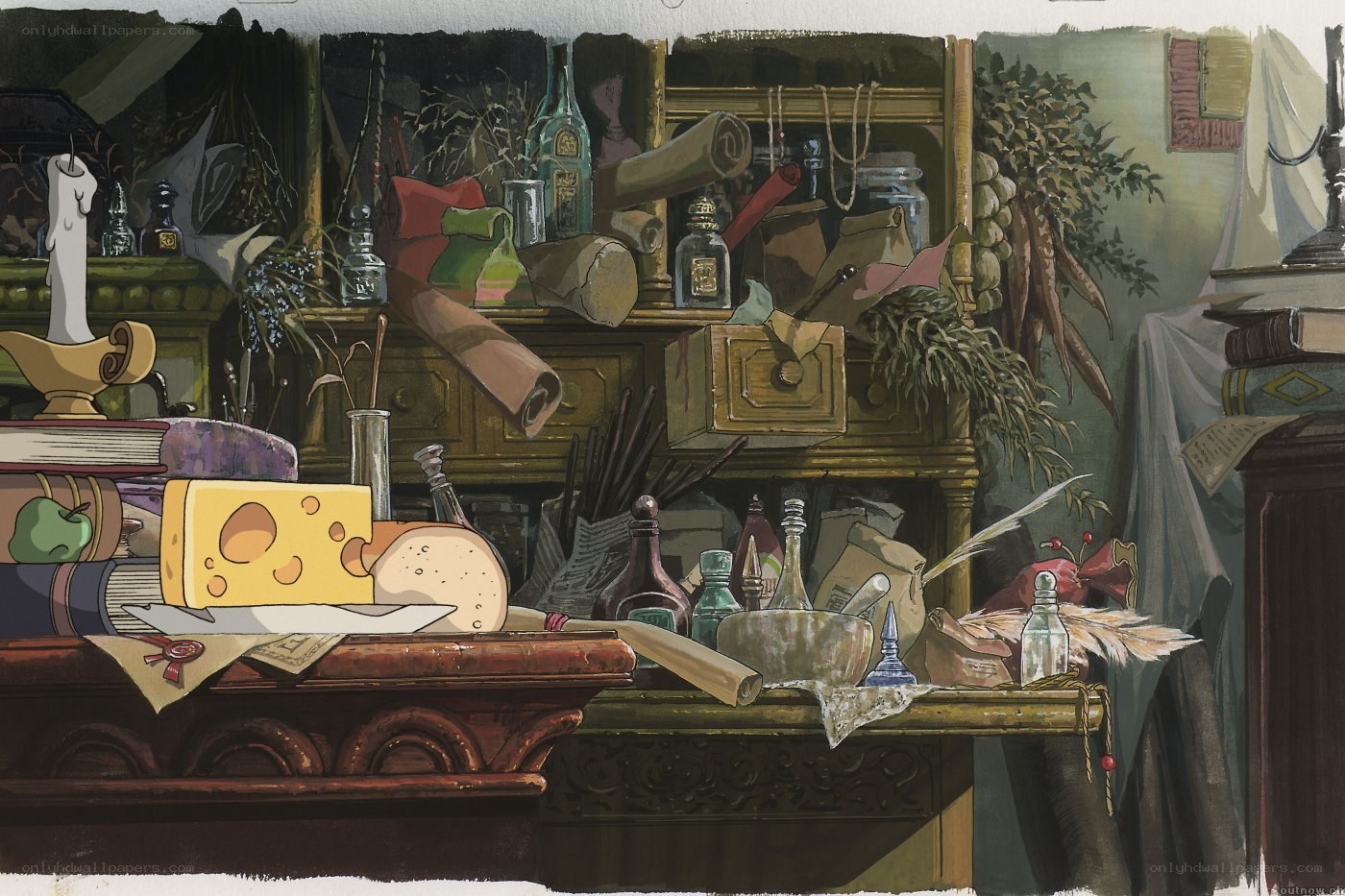 cluttered alchemist's workshop