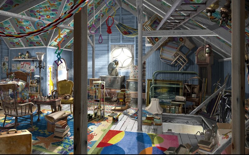 cluttered attic playroom