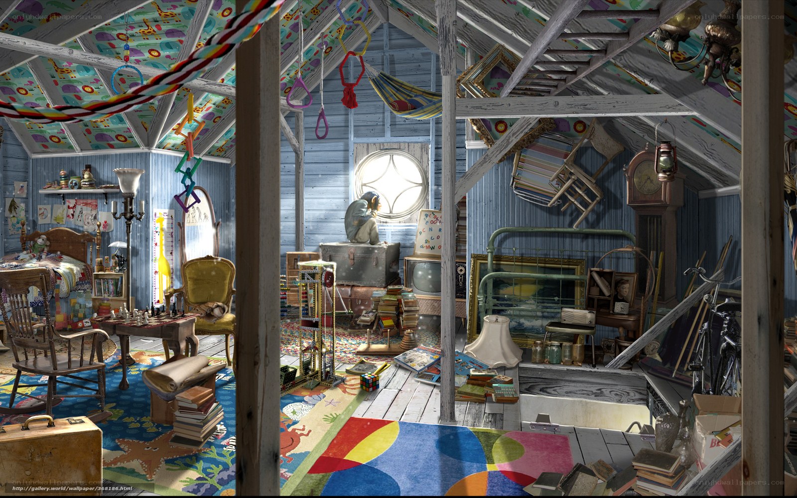 cluttered attic playroom