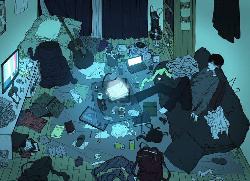 Cluttered bedroom with two people