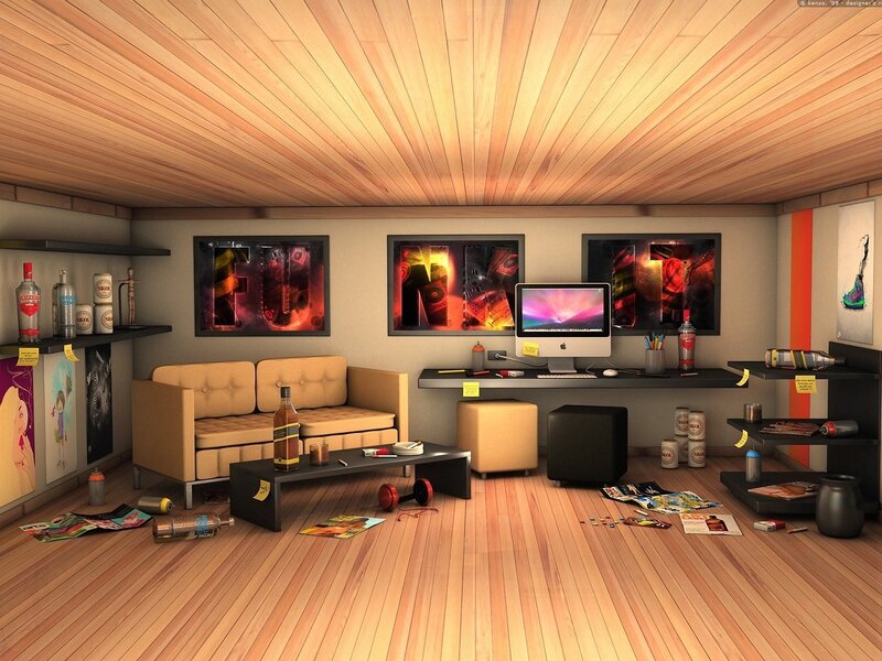 cluttered living room with computer