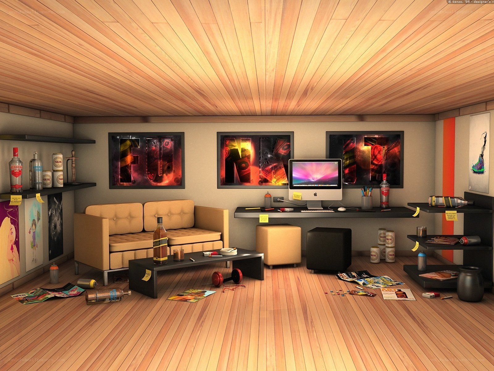 cluttered living room with computer