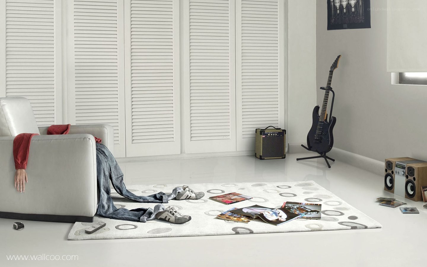 Cluttered living room with guitar