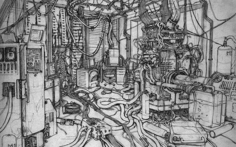 cluttered machine room sketch