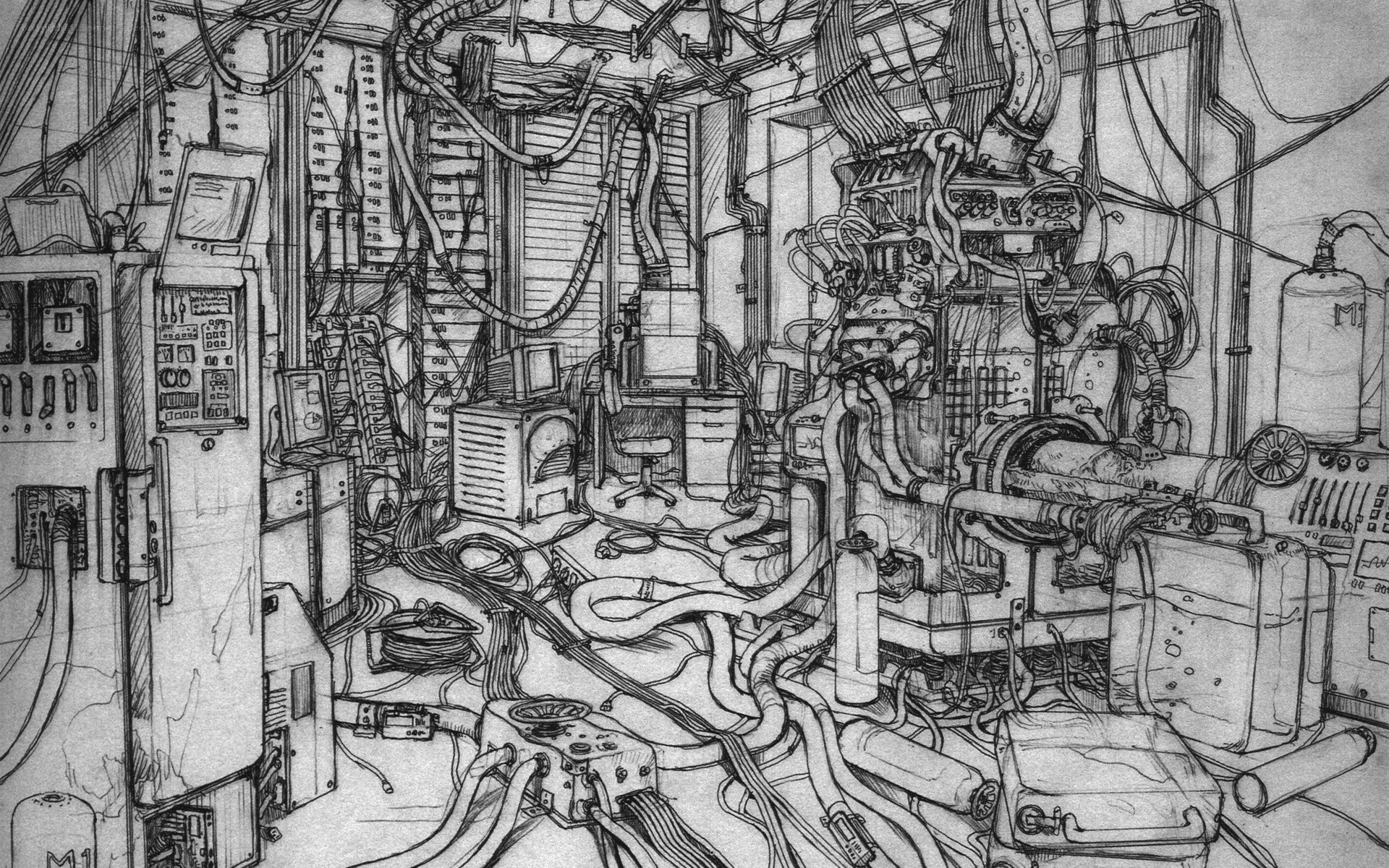 cluttered machine room sketch