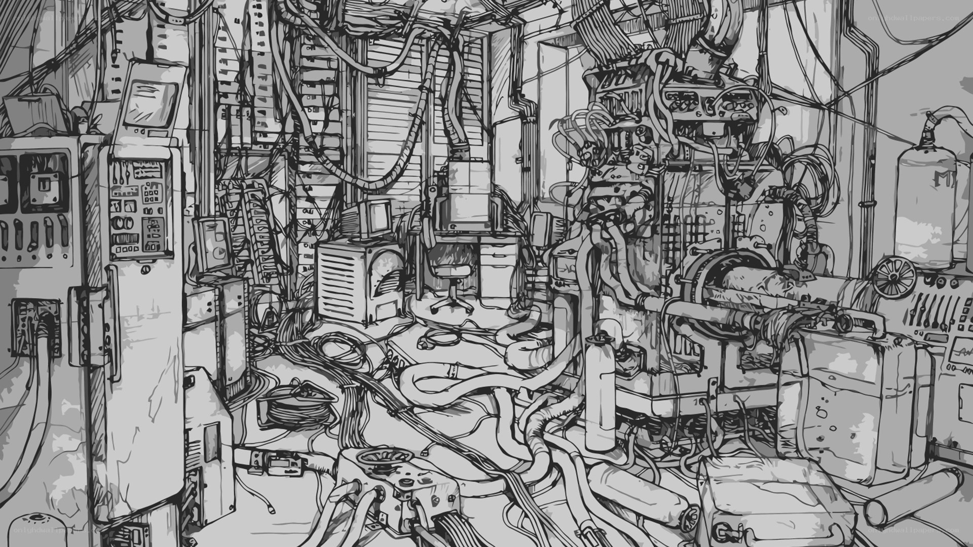 cluttered machine room