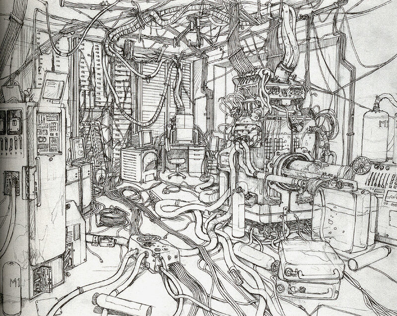 cluttered mechanical workshop