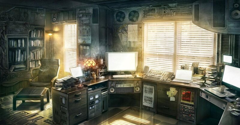 Cluttered Office Workspace — Brown, Dramatic