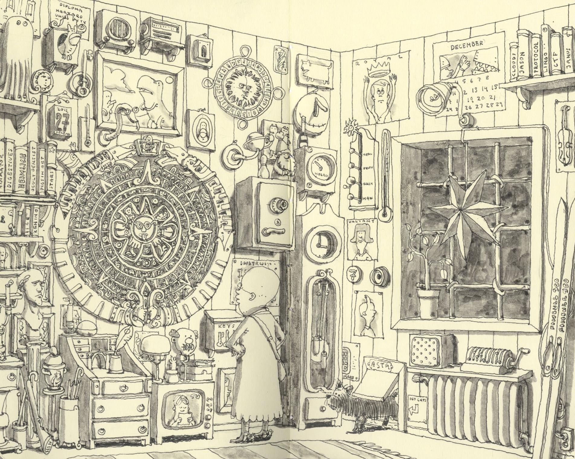 cluttered room with artifacts