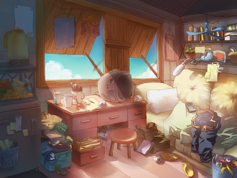 Cluttered room with old TV