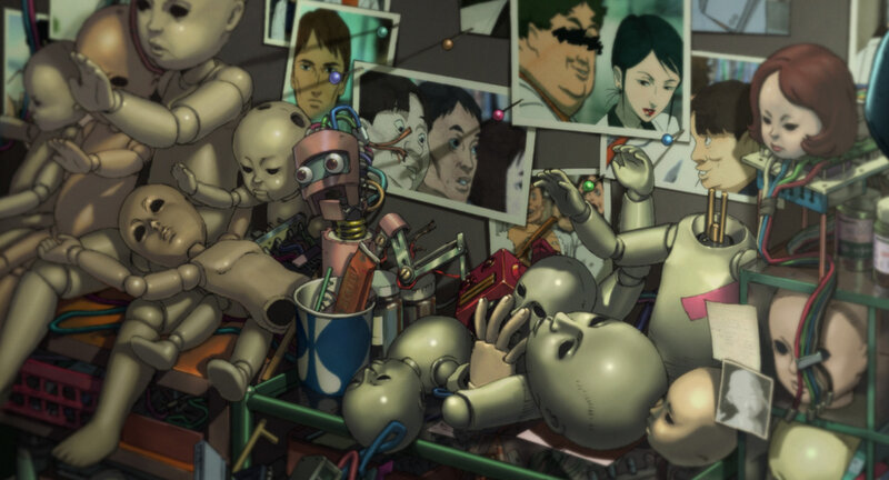 cluttered workshop with dolls and robots