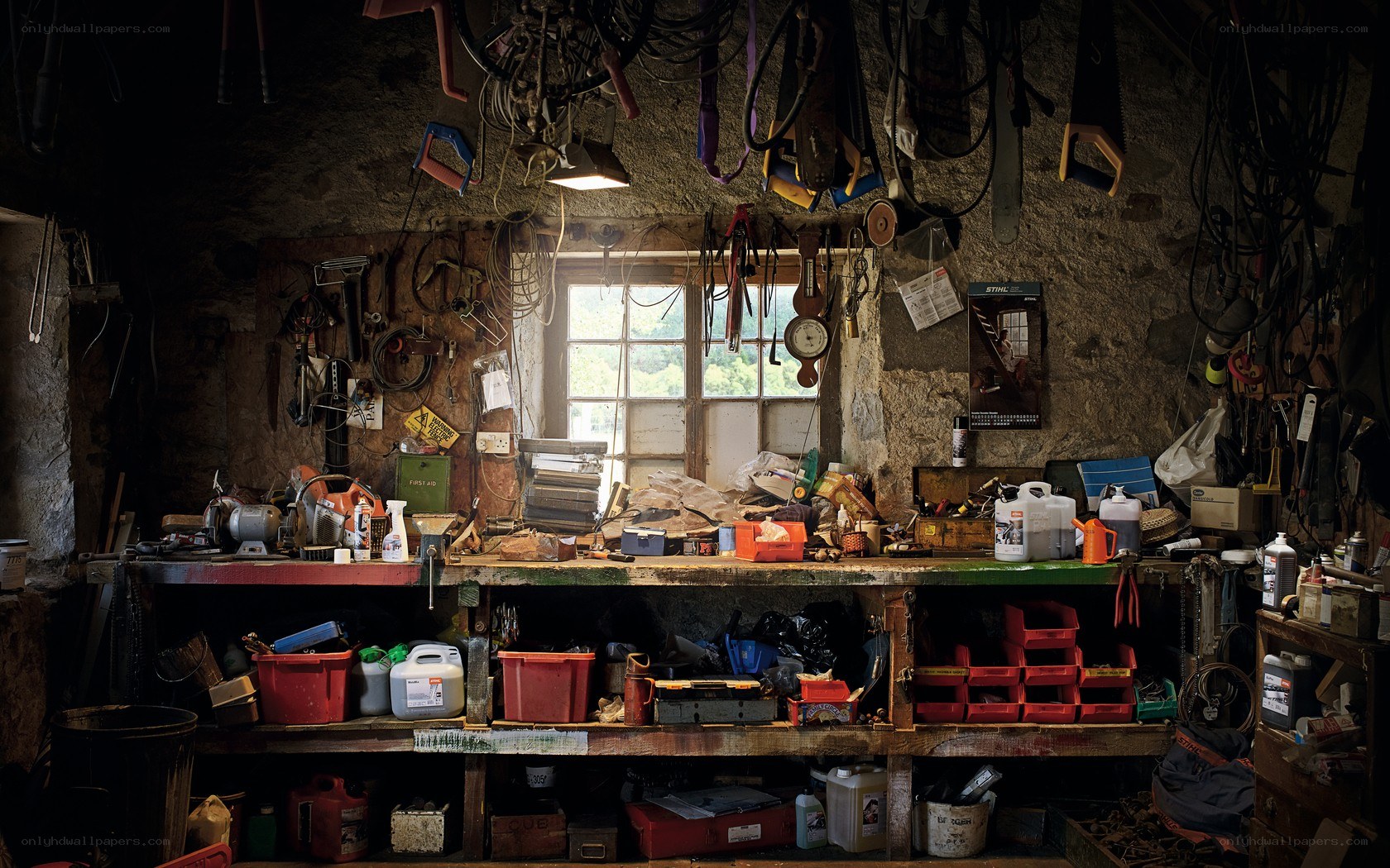 cluttered workshop with tools