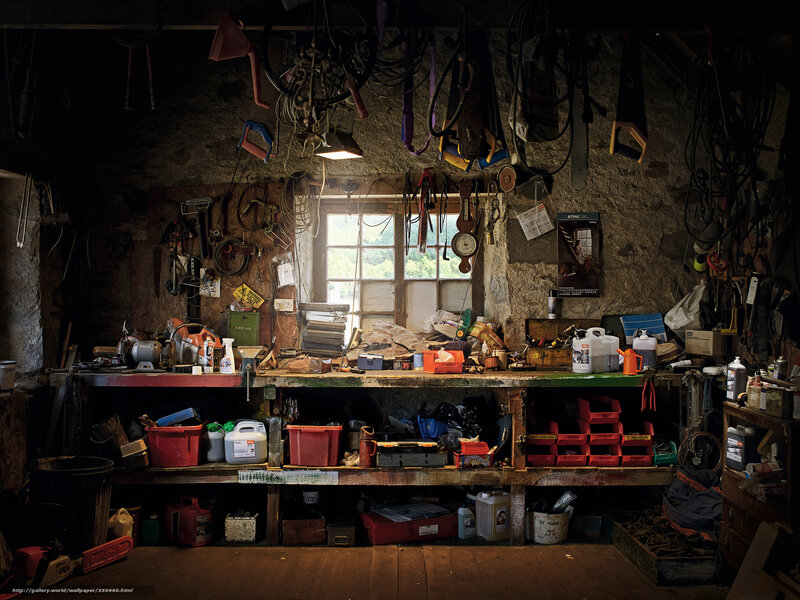 cluttered workshop with tools