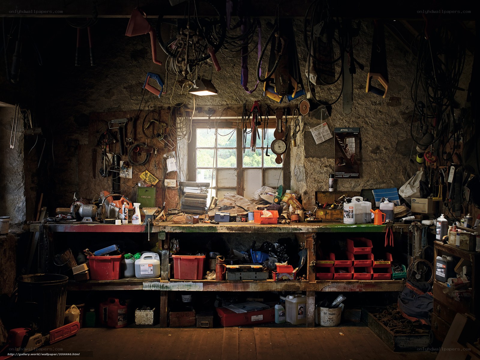 cluttered workshop with tools