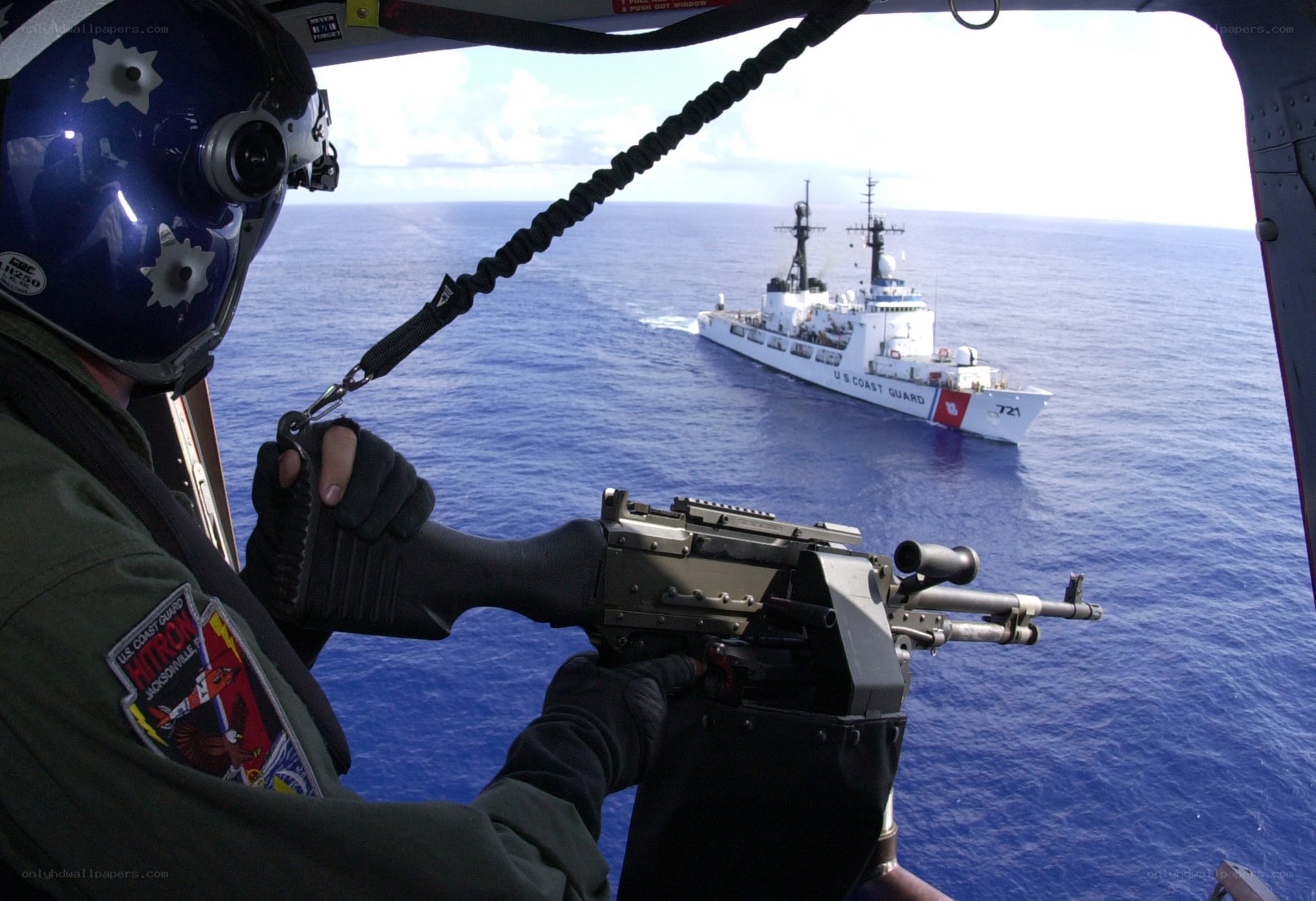 Coast Guard helicopter over ship