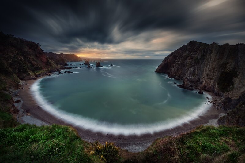 Coastal Bay at Sunset — Green, Dramatic, Photograph
