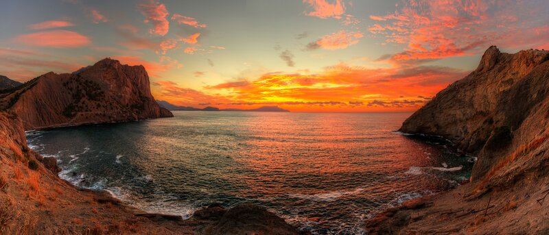 Coastal Bay at Sunset — Orange, Dramatic, Photograph, Mountain
