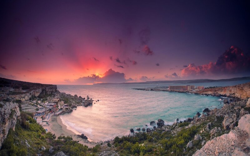 Coastal Bay at Sunset — Purple, Dramatic, Photograph