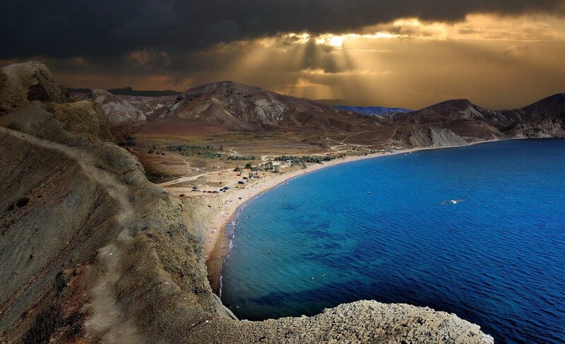 Coastal Bay with Beach — Blue, Dramatic, Sunset