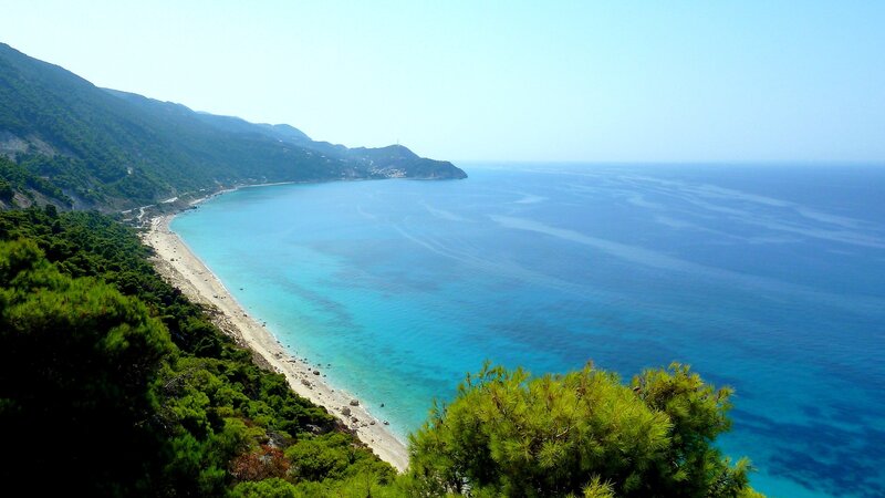 Coastal Bay with Beach — Blue, Serene, Afternoon, Photograph, Mountain