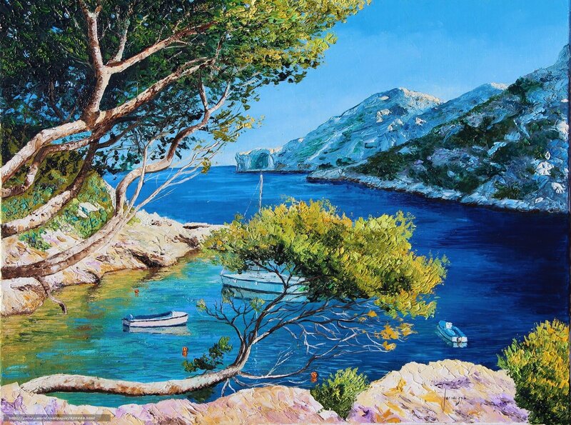 Coastal Bay with Boats and Mountains