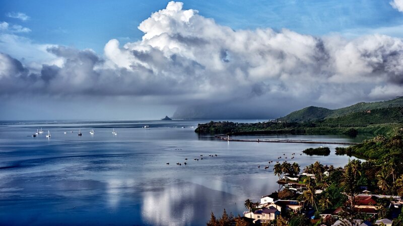 Coastal Bay with Boats — Blue, Dramatic, Afternoon