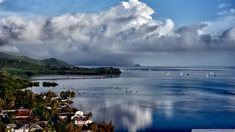 Coastal Bay with Boats — Blue, Dramatic