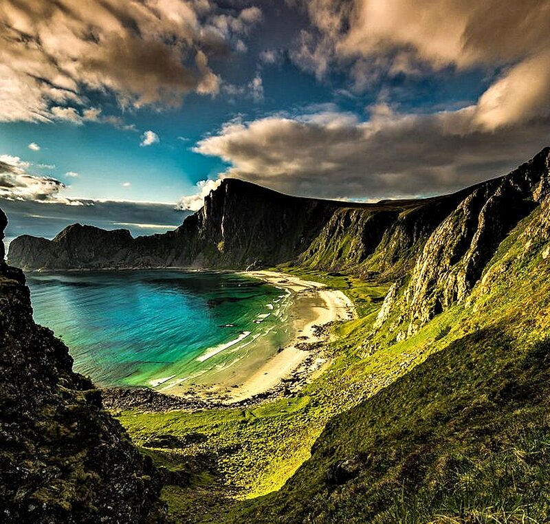 Coastal Bay with Cliffs — Blue, Dramatic, Afternoon, Photograph, Beach