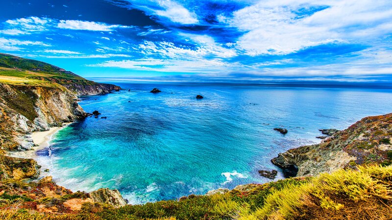 Coastal Bay with Cliffs — Blue, Dramatic, Afternoon, Photograph