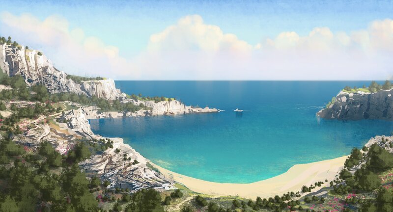 Coastal Bay with Cliffs — Blue, Serene, Afternoon, Digital Art