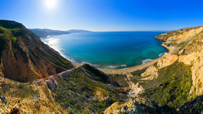 Coastal Bay with Cliffs — Blue, Serene, Afternoon, Photograph, Ocean, Beach, Mountains