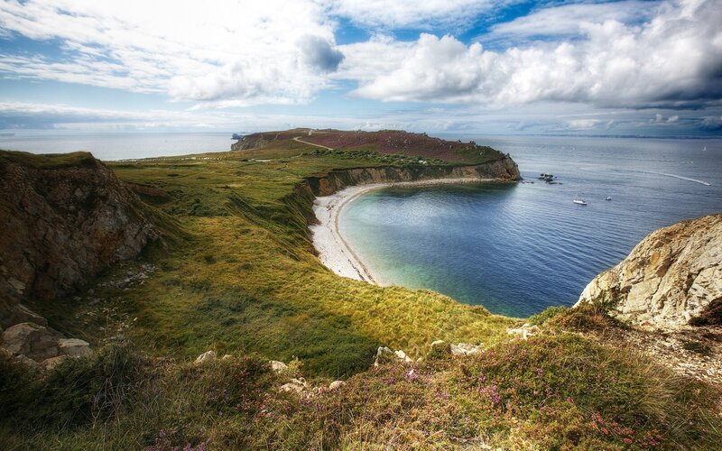 Coastal Bay with Cliffs — Blue, Serene, Afternoon, Photograph, Sea, Beach