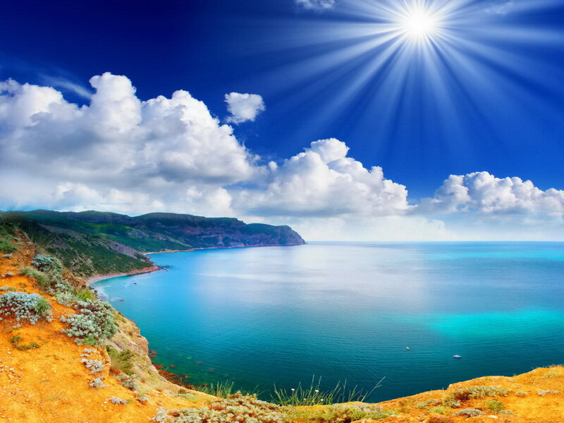 Coastal Bay with Cliffs — Blue, Serene, Afternoon, Photograph, Sea, Sun