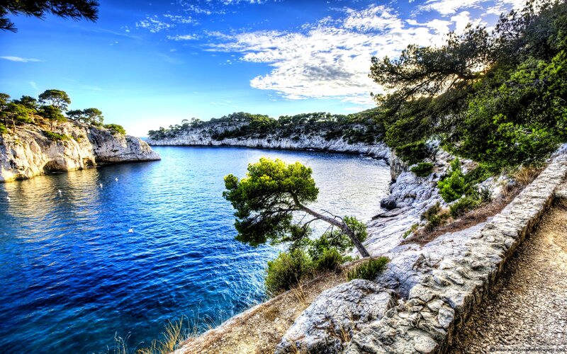 Coastal Bay with Cliffs — Blue, Serene, Afternoon, Photograph, Trees, Path