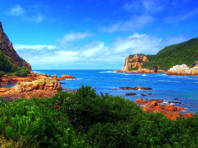 Coastal Bay with Cliffs — Blue, Serene, Afternoon