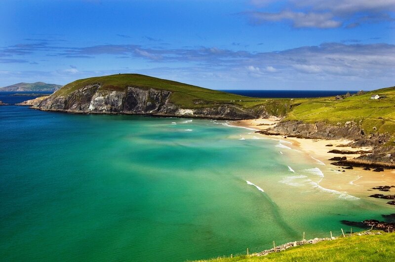 coastal bay with green hills