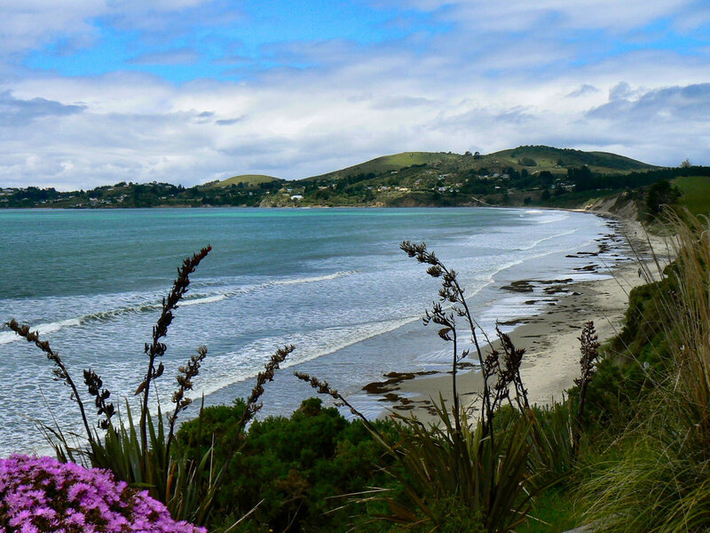 coastal bay with green hills