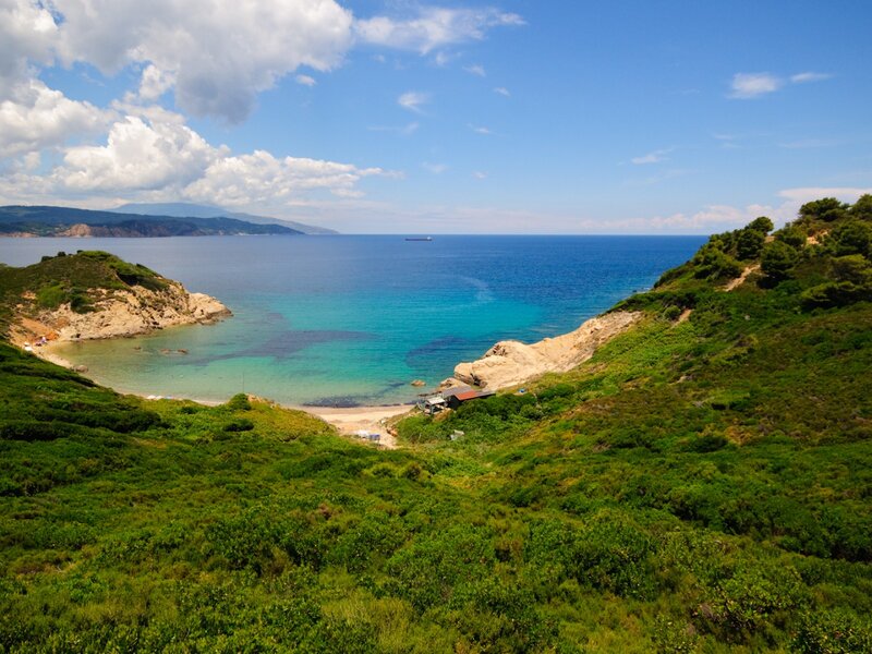 Coastal Bay with Green Hills — Blue, Serene, Afternoon