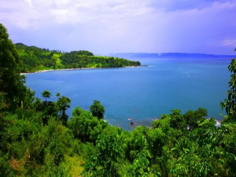 Coastal Bay with Green Hills — Blue, Serene