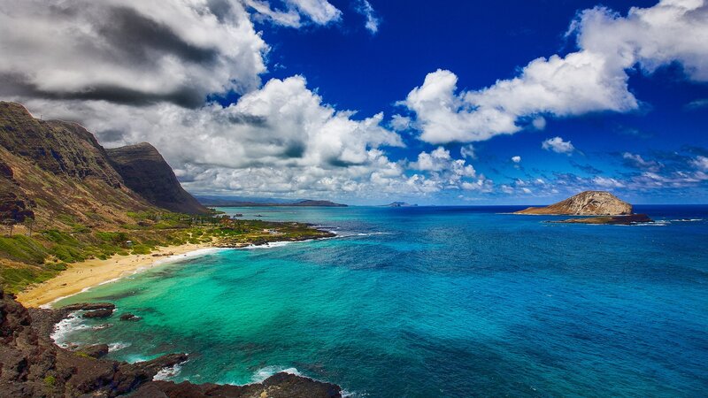 Coastal Bay with Island — Blue, Dramatic, Afternoon