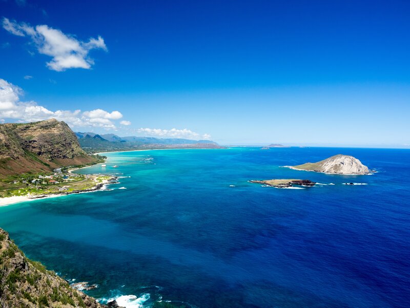 Coastal Bay with Islands — Blue, Serene, Afternoon, Photograph, Mountains