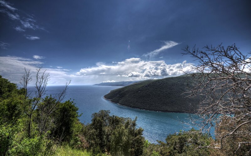 coastal bay with lush hills
