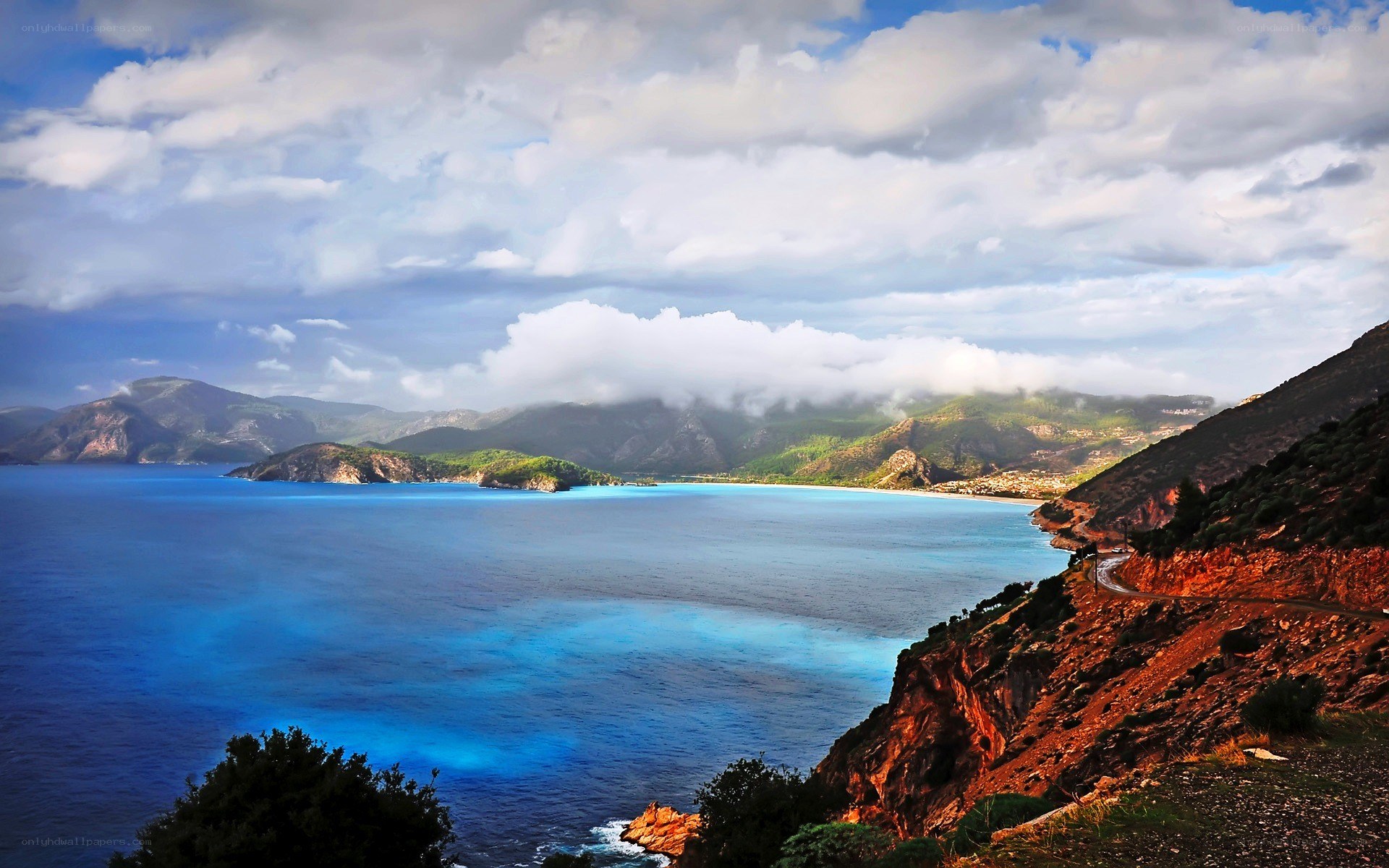 coastal bay with mountains