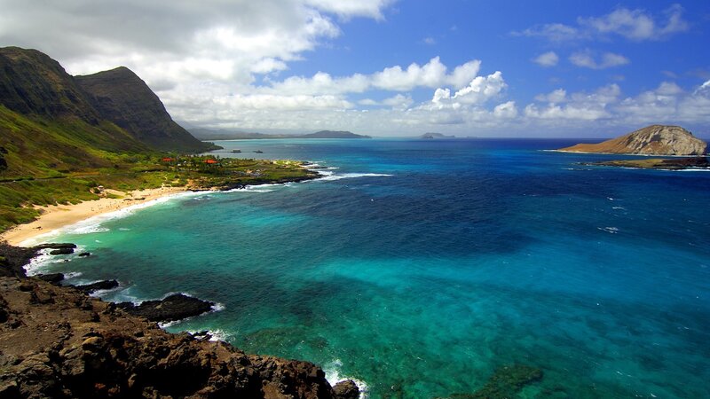 coastal bay with mountains and island