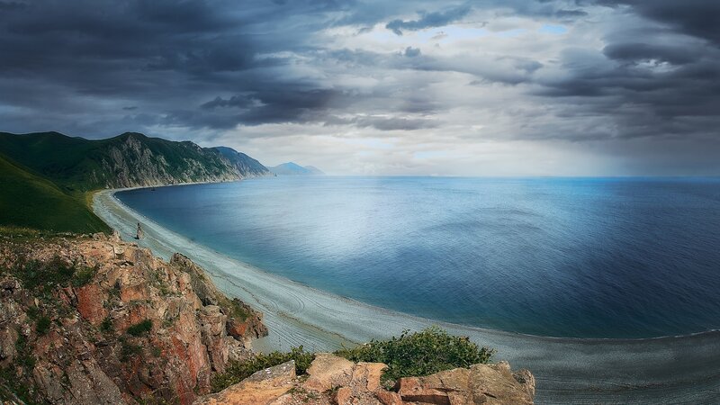 Coastal Bay with Mountains — Blue, Dramatic, Afternoon